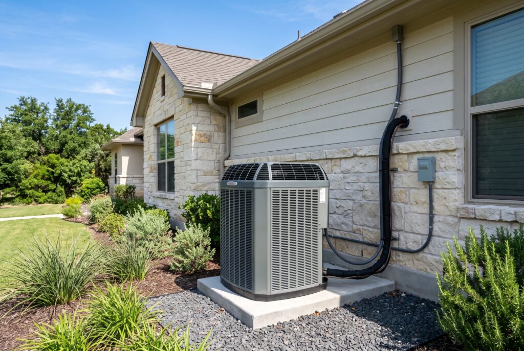 Icy Hot Heating & Air Conditioning new AC condenser unit installed at a Bastrop County, Texas home